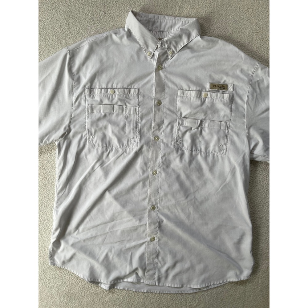 Columbia Mens Large Shirt White PFG Tamiami II Short Sleeve Fishing Omni-Shade